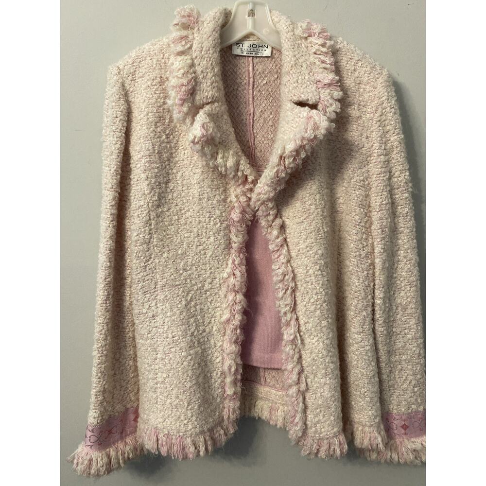ST JOHN Collection Fringe Jacket Sz 14 Tweed Style Trim Accent With Knit Shell - Picture 2 of 10